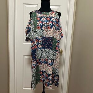 Charming Charlie Navy, Green, Coral & Cream Cold Shoulder Patchwork Dress